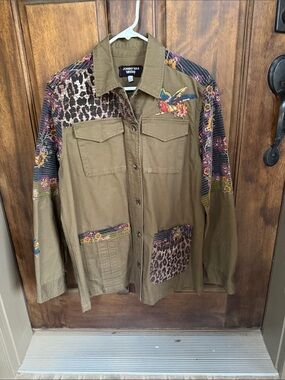 Johnny Was Olive Green Patchwork Embroidered Utility Shirt Jacket